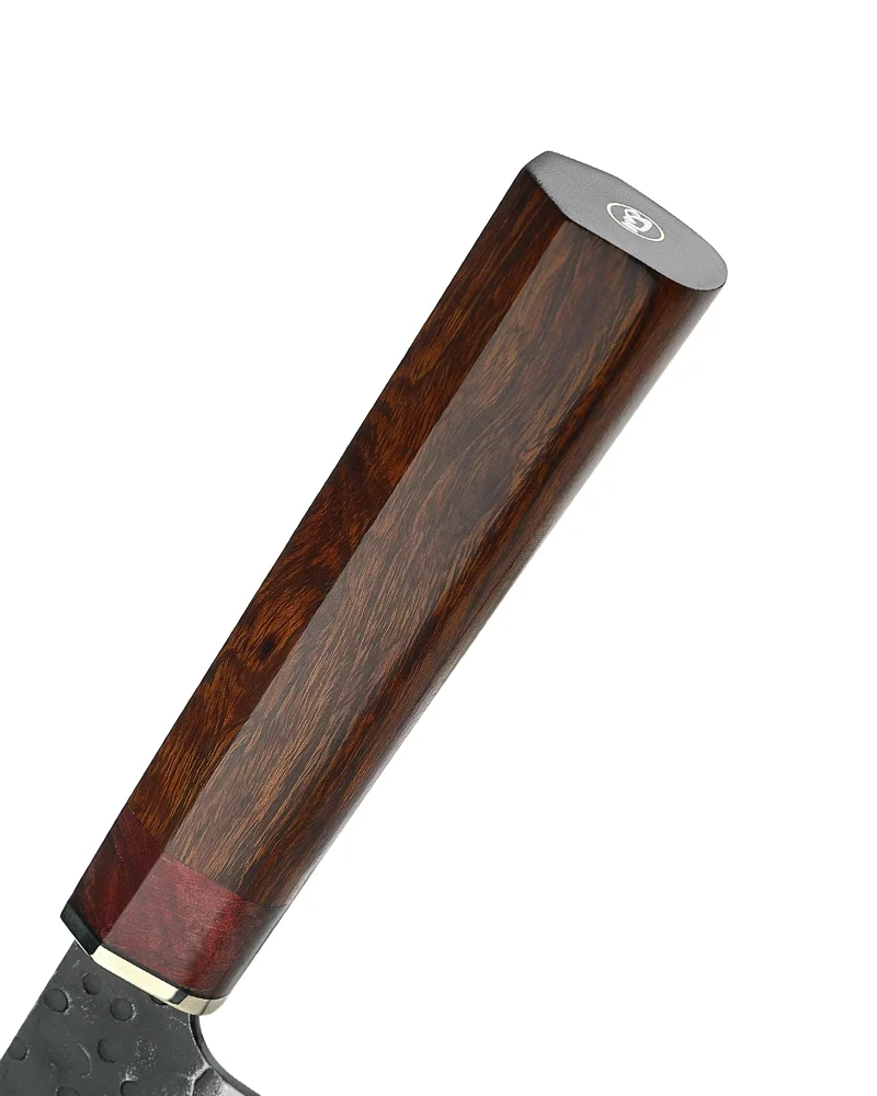 XC134 XinCraft 7 Santoku Knife (Hammered Forged) close up of a wooden handle