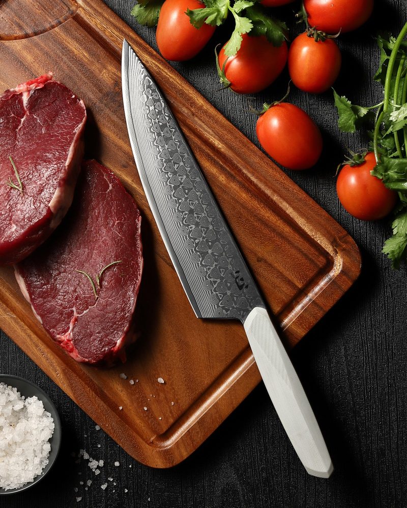 XC127 XinCore 8.5 Damascus Chef Knife on chopping board