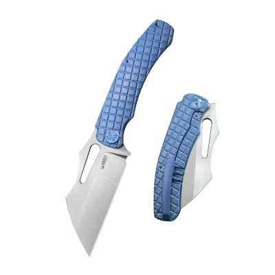 KUBEY SYLOW FOLDING KNIFE 3.46" 14C28N STONEWASH BLADE BLUE TITANIUM HANDLE EDC - KU260B