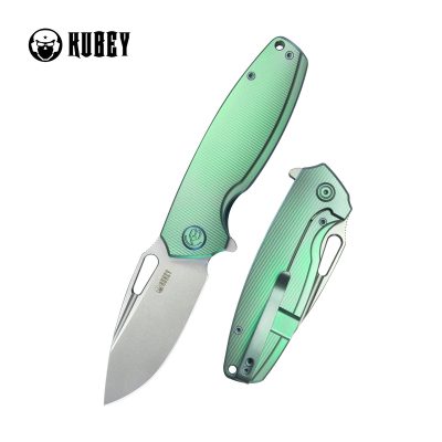 KUBEY TITYUS FOLDING KNIFE 3.39" 14C28N BEADBLASTED BLADE GREEN TITANIUM HANDLE EDC - KB360B