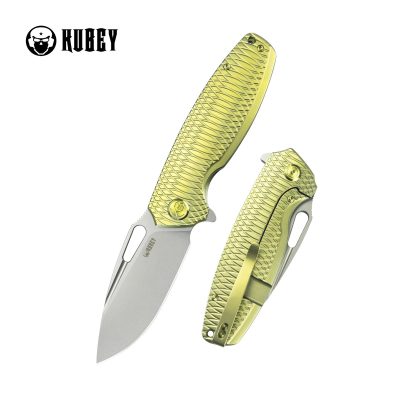 KUBEY TITYUS FOLDING KNIFE 3.39" 14C28N BEAD BLAST BLADE GOLD PATTERN TITANIUM HANDLE EDC - KB360G