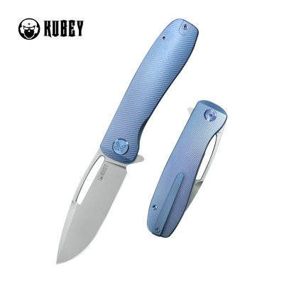 KUBEY SUPERCELL FOLDING KNIFE 3.46" 14C28N STONEWASH BLADE BLUE TITANIUM HANDLE EDC - KU353B