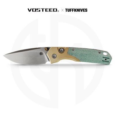 VOSTEED PSYOP 299 FOLDING KNIFE 2.99" S35VN SATIN BLADE TEAL NORPLEX ULTRAX MICARTA BRASS BOLSTER EDC