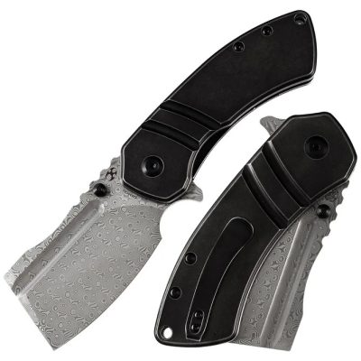KANSEPT MINI KORVID FOLDING KNIFE 1.45" Damascus BLADE BLACKWASH TITANIUM - K3030H1