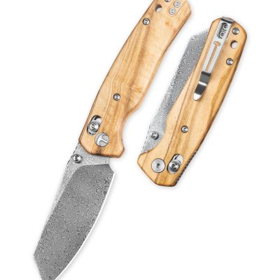 BESTECHMAN CICADA'S WING BMK06-W-2 FOLDING KNIFE 3.15" DAMASCUS ACID ETCHED BLADE OLIVE WOOD HANDLE EDC