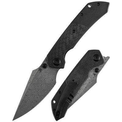KANSEPT FENRIR FOLDING KNIFE 3.48" Damascus BLADE BLACKWASH TITANIUM / TWILL CARBON FIBER  - K1034D1