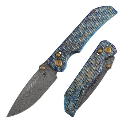 KANSEPT EAGLESTRIKE FOLDING KNIFE 3.73" Damascus BLADE LIGHTNING STRIKE FINISH TITANIUM WITH DI - K1095V5