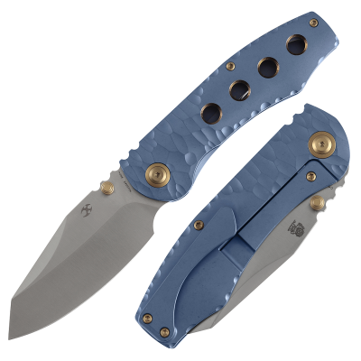 KANSEPT CAVEMAN FOLDING KNIFE 3.57" CPM 20CV BLADE BLUE ANODIZED STONEWASHED TITANIUM CNC R - K1110A5