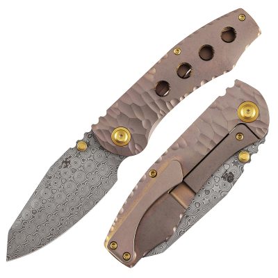 KANSEPT CAVEMAN FOLDING KNIFE 3.57" Damascus BLADE ROSE GOLD ANODIZED STONEWASHED TITANIUM  - K1110A6