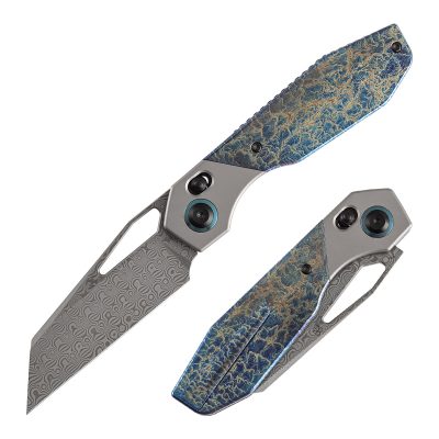 KANSEPT QTRO FOLDING KNIFE 3.59" Damascus BLADE STONEWASHED TITANIUM / LIGHTNING STRIKE  - K1118VA2