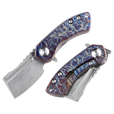 KANSEPT MINI KORVID FOLDING KNIFE 1.45" Damascus BLADE BLACKWASH TITANIUM - K3030H1