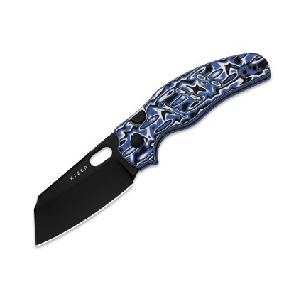 KIZER SHEEPDOG C01C 2.9 BS FOLDING KNIFE 2.95" Nitro-V BLACK PVD BLADE BLACK/BLUE/WHITE VORTEX PATTERN MICARTA HANDLE EDC