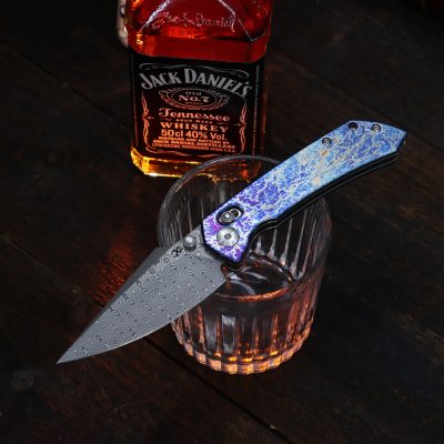 KANSEPT FENRIR K1034V10 KNIFE 3.28" Damascus LIGHTNING FINISH BLADE LIGHTNING TITANIUM HANDLE
