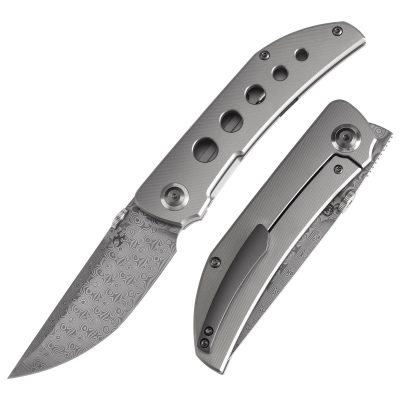 KANSEPT TARKIN K1078A5 KNIFE 3.42" Damascus BLADE, BEAD BLASED TITANIUM HANDLE W/ HOLES