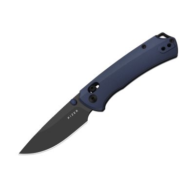 KIZER T1 CD FOLDING KNIFE 3.2" M390 BLACK MATTE DLC BLADE BLUE ALUMINUM HANDLE EDC