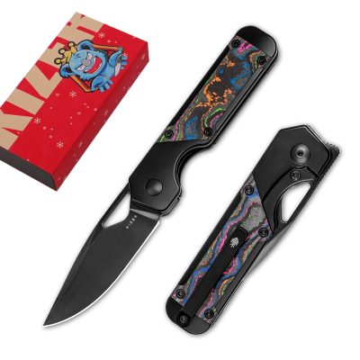 KIZER MINI MILITAW FOLDING KNIFE 2.82" M390 BLACK DLC BLADE 80S CAMO CARBON TITANIUM HANDLE EDC