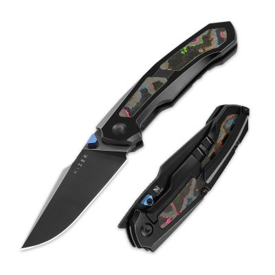 KIZER FEEWEED FOLDING KNIFE 2.98" S45VN BLACK DLC BLADE 80S CAMO CARBON TITANIUM HANDLE EDC