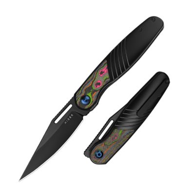 KIZER RAZE FOLDING KNIFE 3.5" S45VN MATT DLC BLADE 80S CAMO CARBON TITANIUM HANDLE EDC