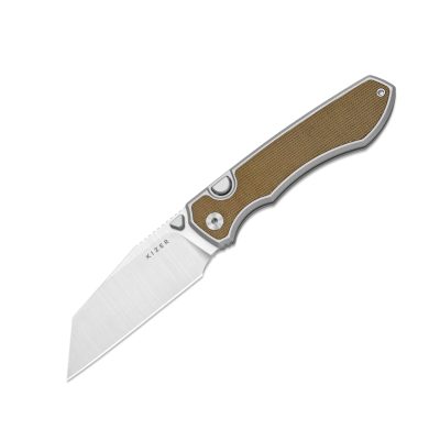 KIZER WHARNING FOLDING KNIFE 3.4" S45VN SATIN BLADE SILVER/BROWN ALUMINUM/MICARTA HANDLE EDC